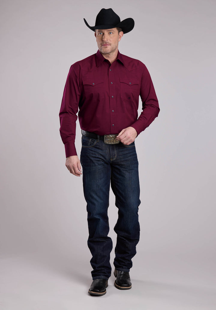 MENS LONG SLEEVE SNAP BLACK FILL - WINE WESTERN SHIRT