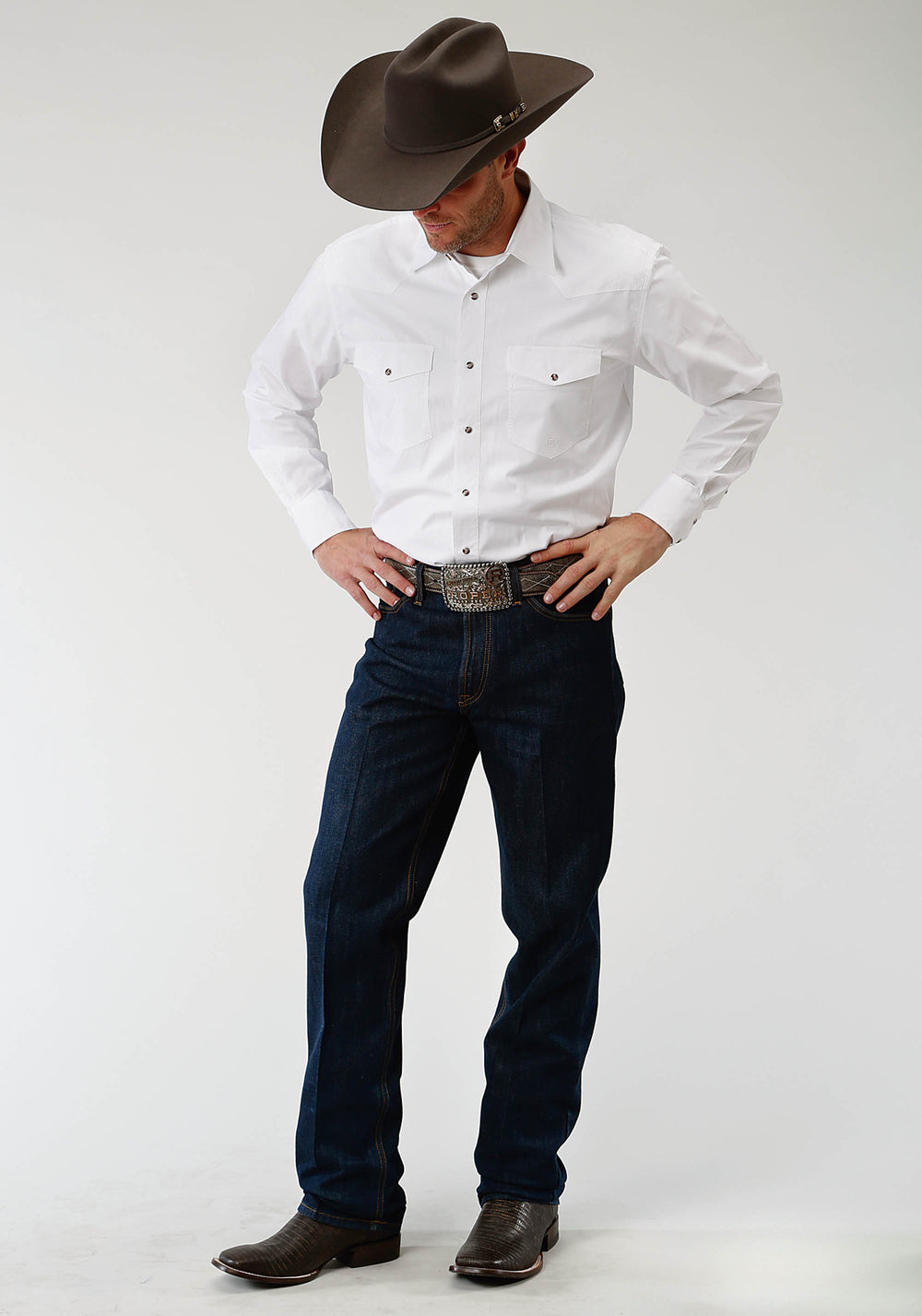 MENS WHITE SOLID LONG SLEEVE WESTERN SNAP SHIRT