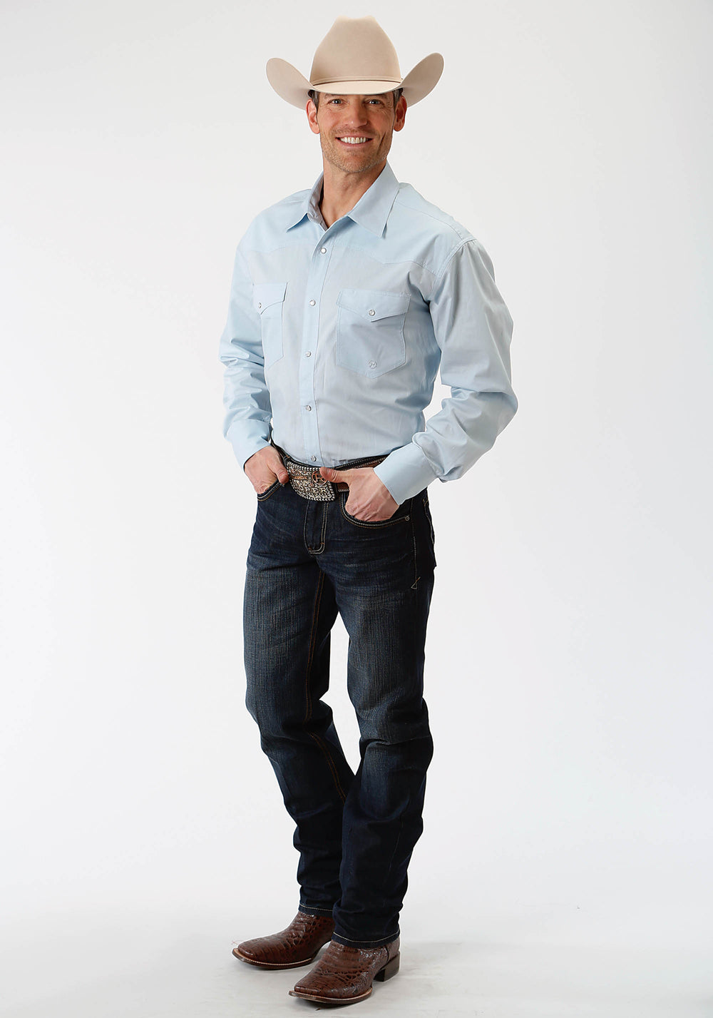MENS BLUE SOLID LONG SLEEVE WESTERN SNAP SHIRT