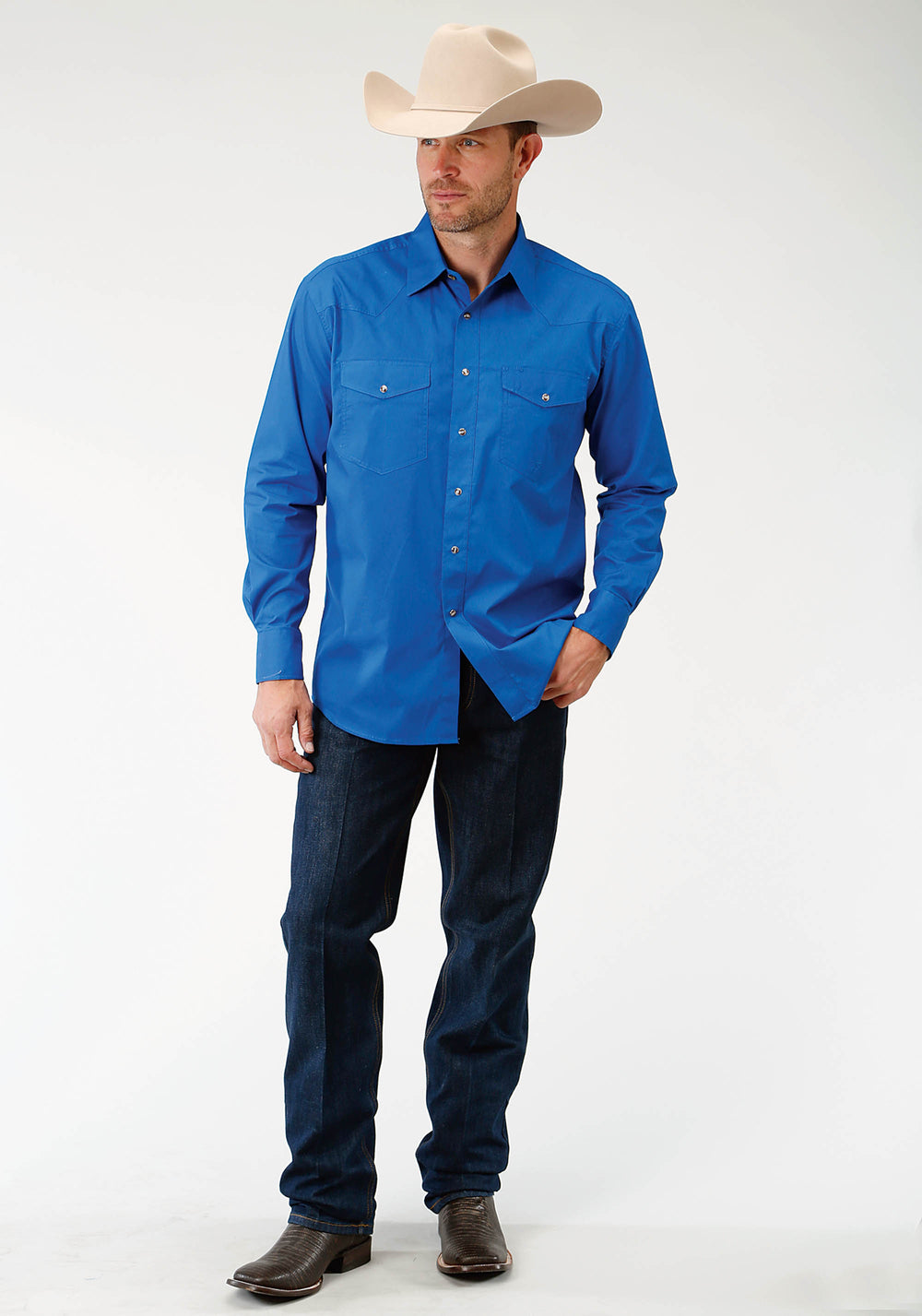 MENS BLUE SOLID LONG SLEEVE WESTERN SNAP SHIRT