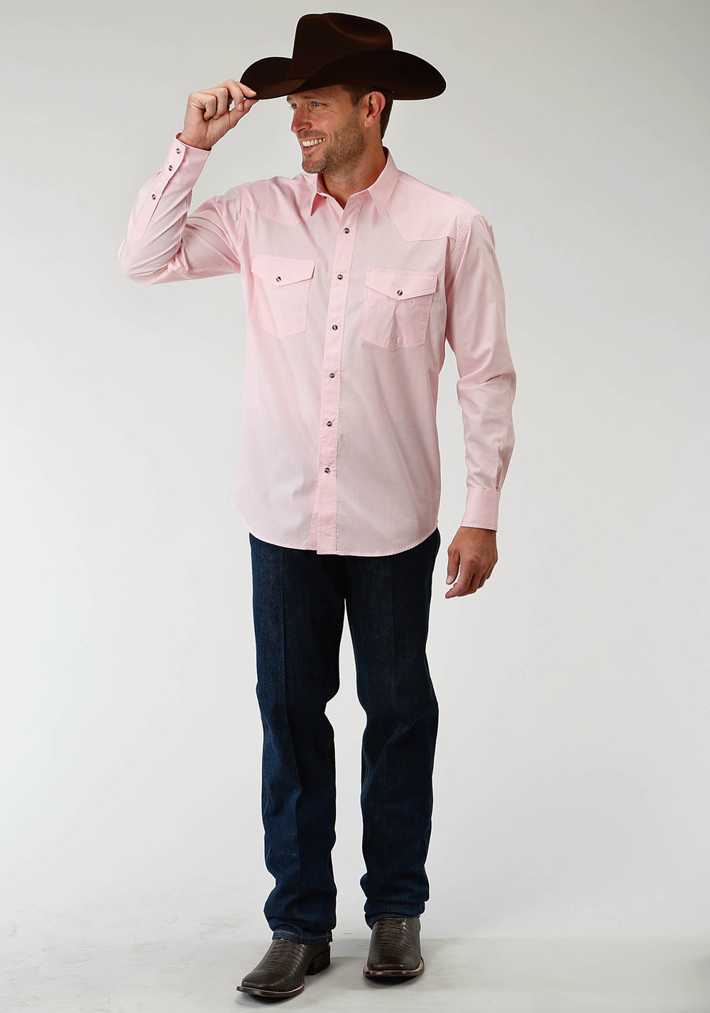 MENS PINK SOLID LONG SLEEVE WESTERN SNAP SHIRT