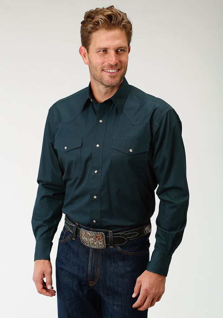MENS GREEN SOLID LONG SLEEVE WESTERN SNAP SHIRT