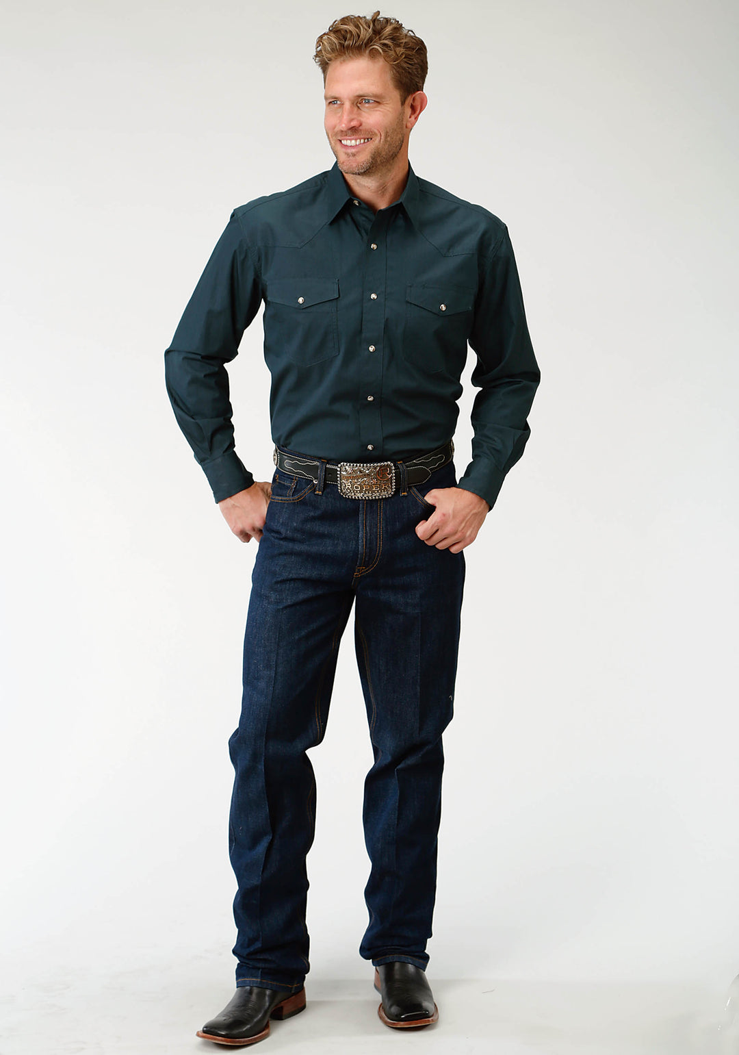 MENS GREEN SOLID LONG SLEEVE WESTERN SNAP SHIRT