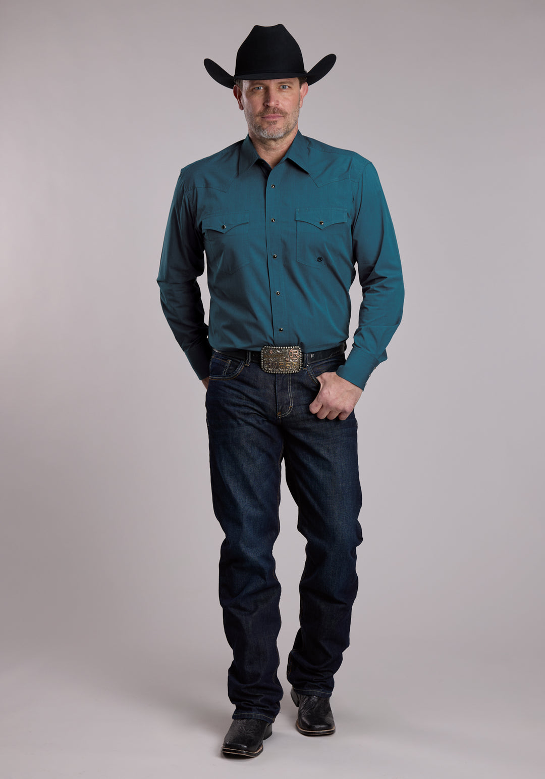MENS ROPER BLACK FILL TEAL WESTERN SNAP SHIRT