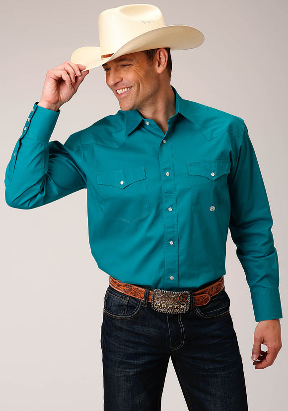 MENS LONG SLEEVE SNAP SOLID POPLIN STRETCH  TURQUOISE WESTERN SHIRT