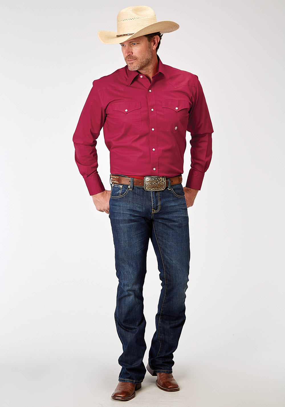 MENS LONG SLEEVE SNAP SOLID POPLIN STRETCH RED WESTERN SHIRT