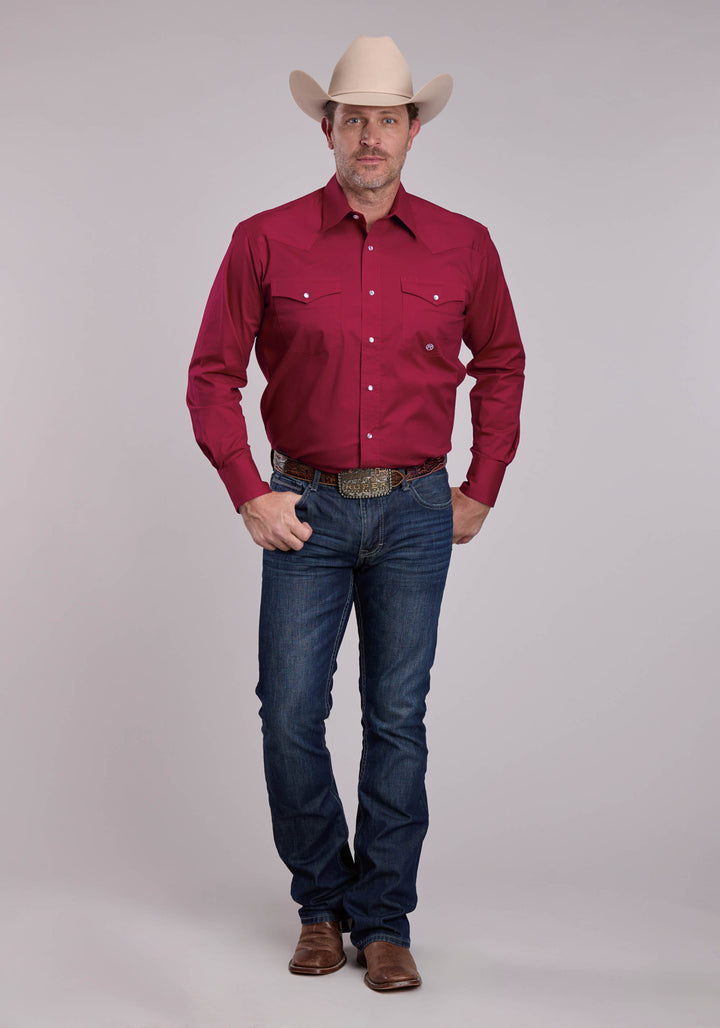 MENS ROPER SOLID RED STRETCH POPLIN LONG SLEEVE SNAP SHIRT