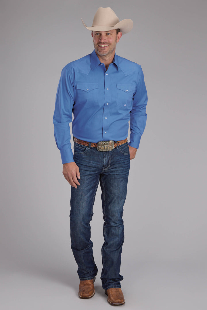MENS SOLID POPLIN STRETCH - PERIWINKLE LONG SLEEVE SNAP WESTERN SHIRT