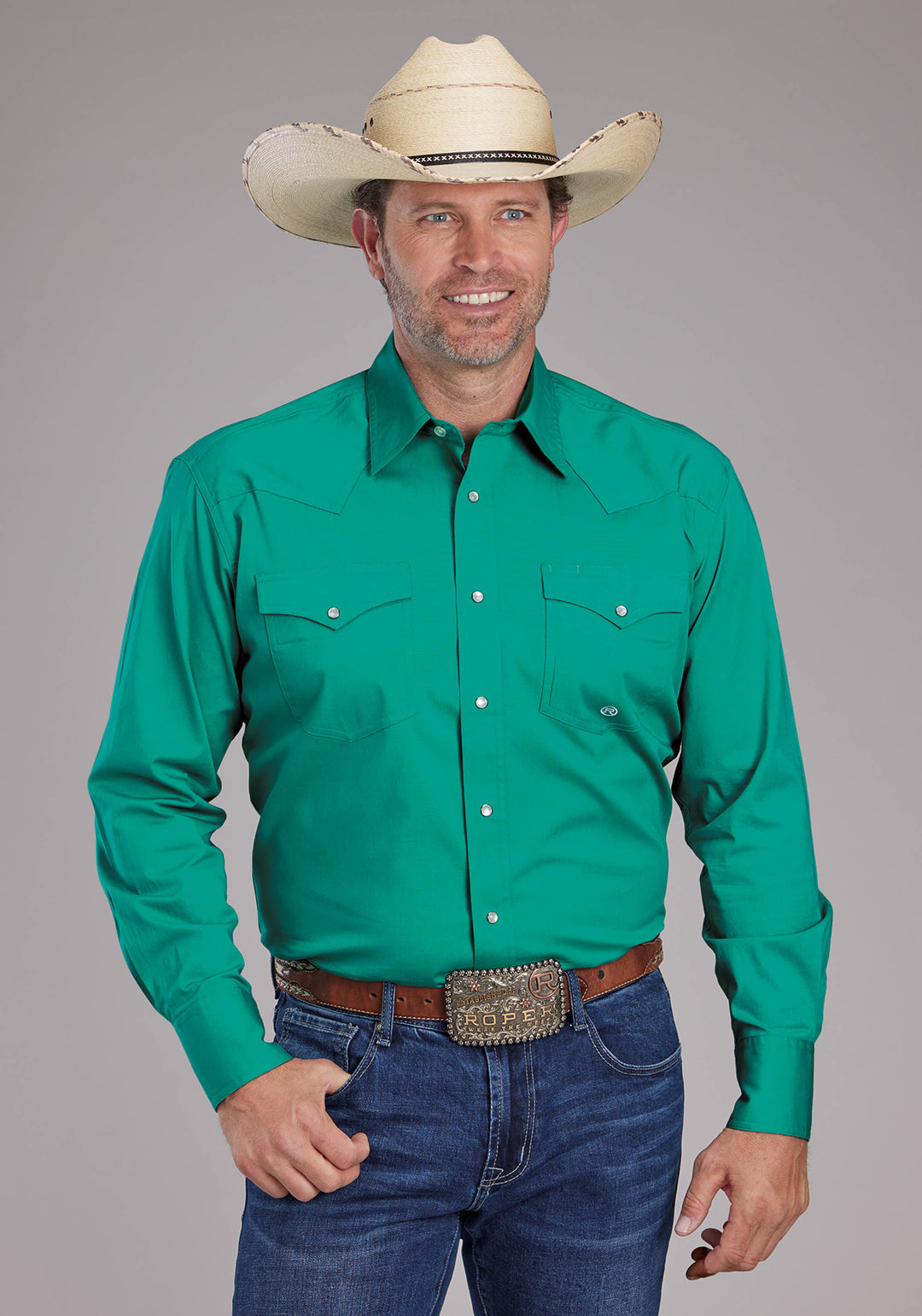 MENS SOLID POPLIN STRETCH - JADE GREEN LONG SLEEVE SNAP WESTERN SHIRT