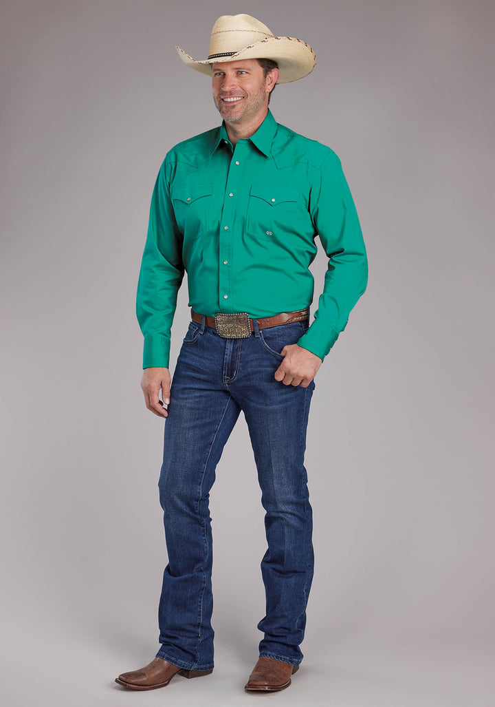 MENS SOLID POPLIN STRETCH - JADE GREEN LONG SLEEVE SNAP WESTERN SHIRT