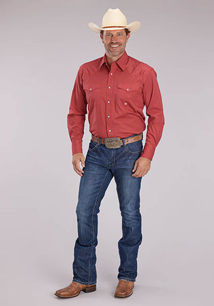 MENS SOLID STRETCH POPLIN - RUST LONG SLEEVE SNAP WESTERN SHIRT