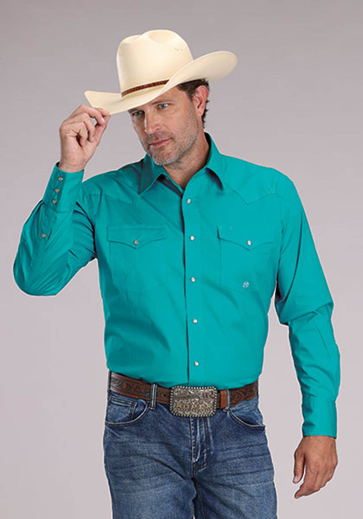 MENS SOLID STRETCH POPLIN - TURQUOISE LONG SLEEVE SNAP WESTERN SHIRT