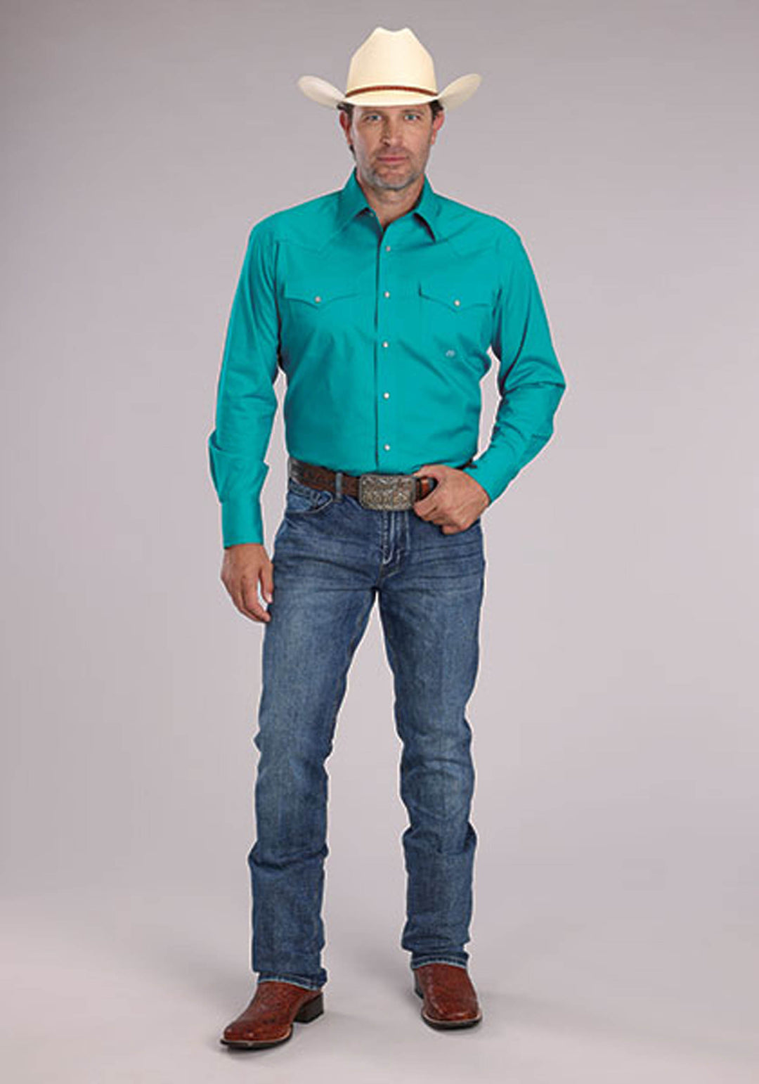 MENS SOLID STRETCH POPLIN - TURQUOISE LONG SLEEVE SNAP WESTERN SHIRT