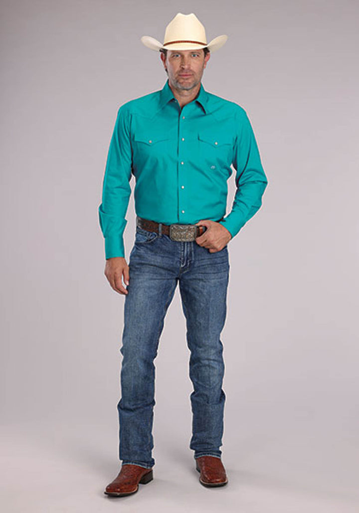 MENS SOLID STRETCH POPLIN - TURQUOISE LONG SLEEVE SNAP WESTERN SHIRT