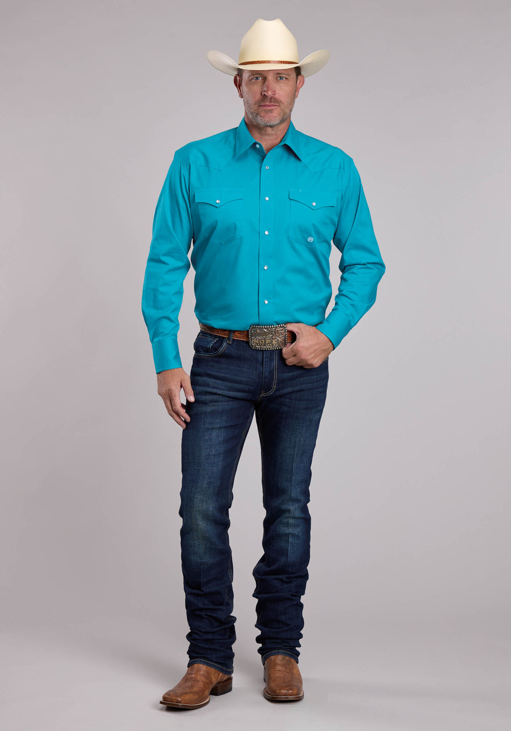 MENS ROPER SOLID TURQUOISE STRETCH POPLIN LONG SLEEVE SNAP SHIRT