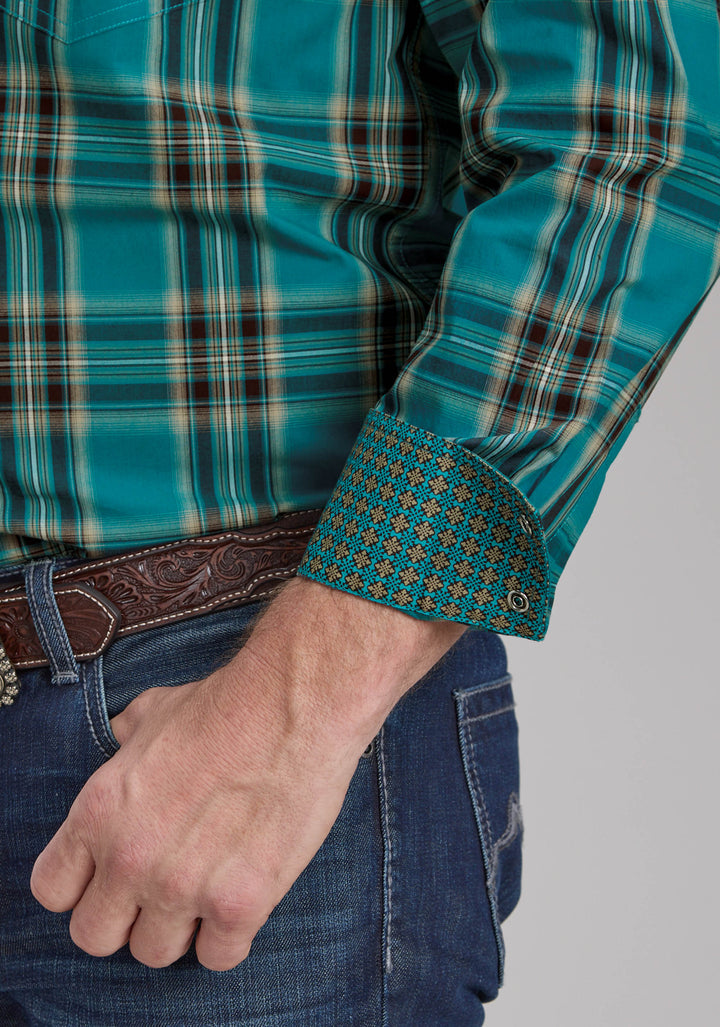 MENS REAL TEAL PLAID LONG SLEEVE SNAP WESTERN SHIRT