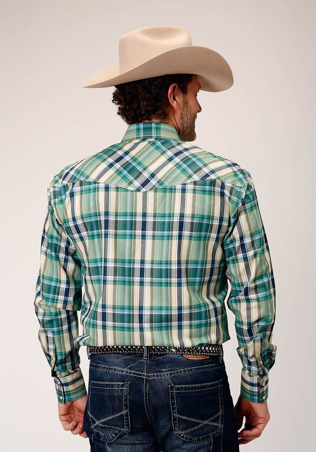 MENS LONG SLEEVE SNAP OCEAN PLAID WESTERN SHIRT