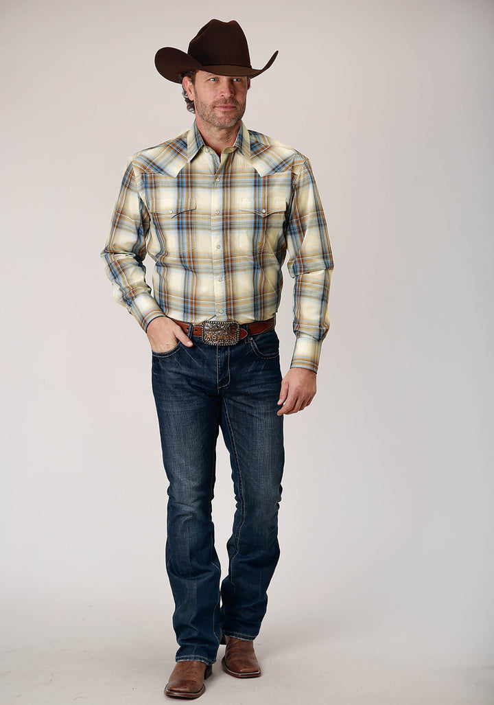 MENS LONG SLEEVE SNAP DESERT BLUE PLAID WESTERN SHIRT