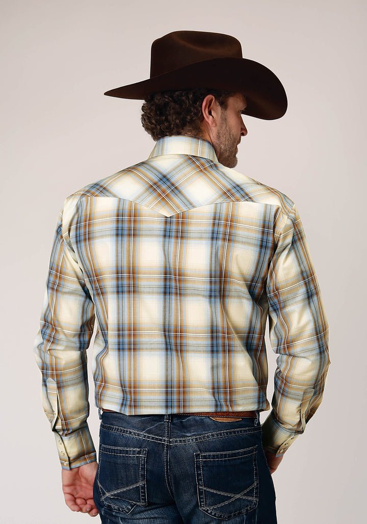 MENS LONG SLEEVE SNAP DESERT BLUE PLAID WESTERN SHIRT