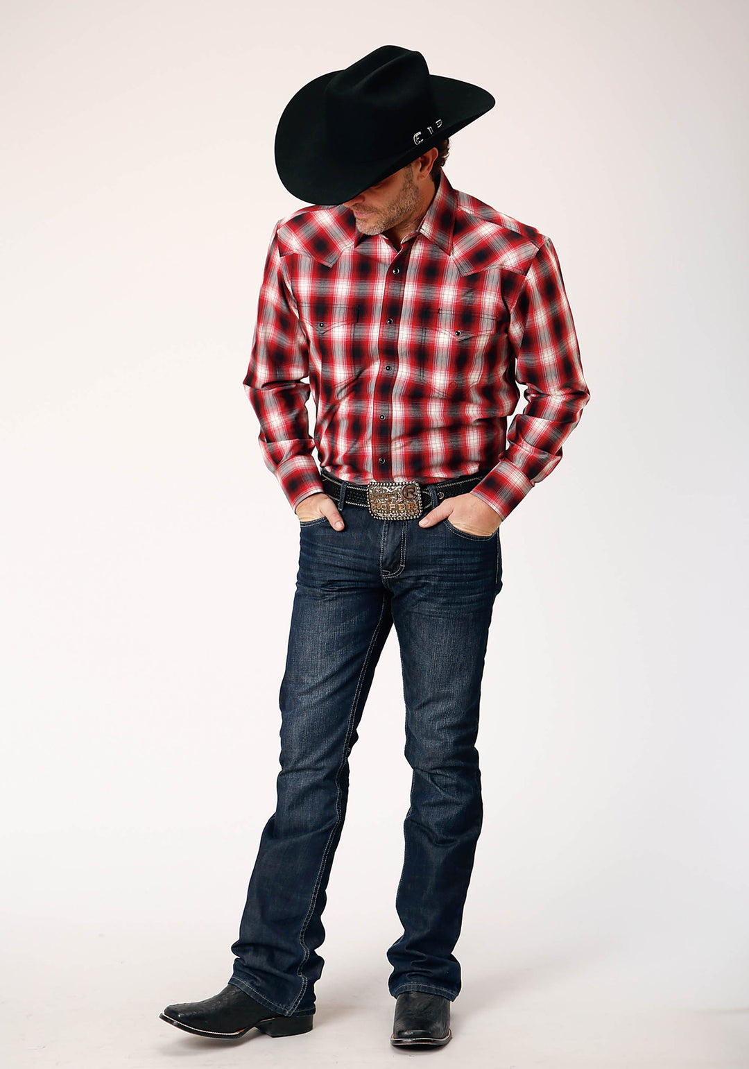 MENS LONG SLEEVE SNAP BASIC RED PLAID WESTERN SHIRT