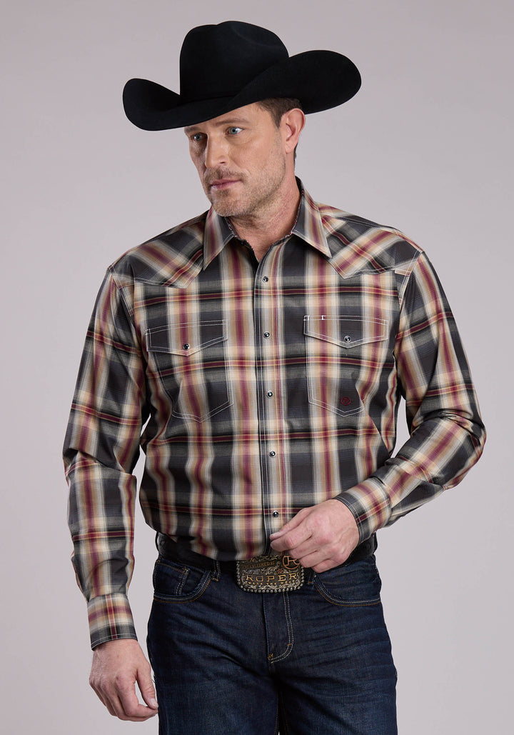 MENS LONG SLEEVE SNAP BLACK OMBRE PLAID WESTERN SHIRT