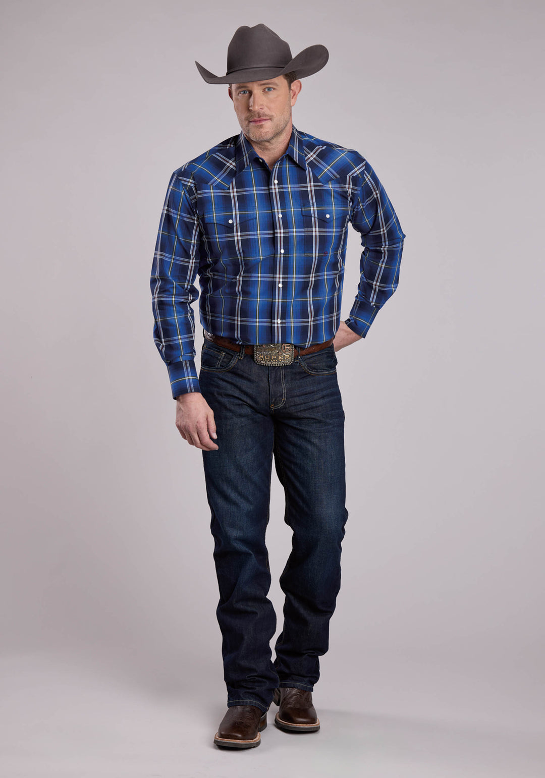 MENS LONG SLEEVE SNAP MIDNIGHT PLAID WESTERN SHIRT