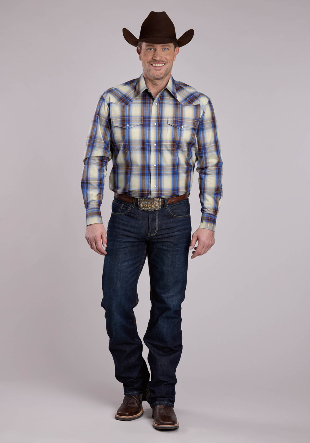 MENS LONG SLEEVE SNAP OPEN WINDOW PLAID WESTERN SHIRT