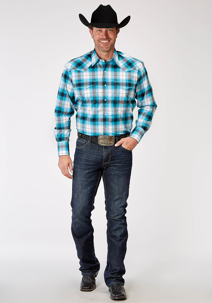 MENS LONG SLEEVE SNAP STRETCH POPLIN TURQUOISE PLAID WESTERN SHIRT