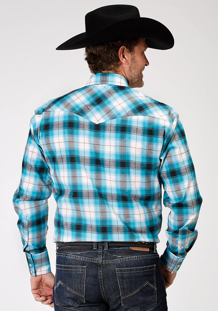 MENS LONG SLEEVE SNAP STRETCH POPLIN TURQUOISE PLAID WESTERN SHIRT
