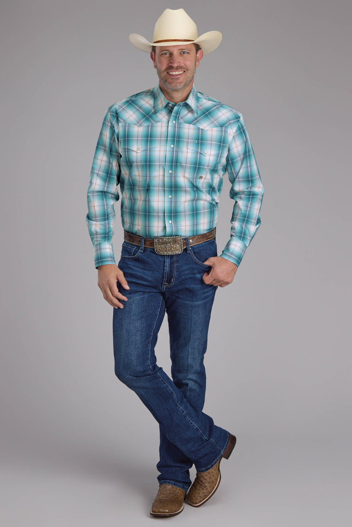 MENS BLUE SKY PLAID LONG SLEEVE SNAP WESTERN SHIRT
