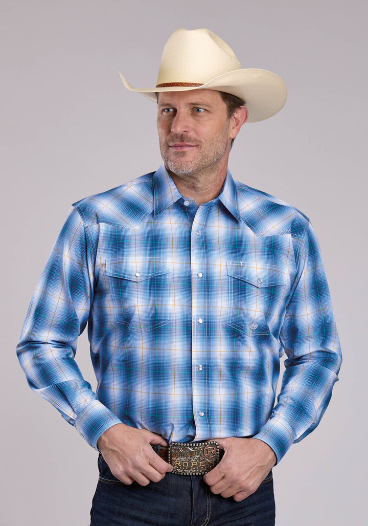 MENS ROPER BLUE OMBRE PLAID LONG SLEEVE SNAP SHIRT
