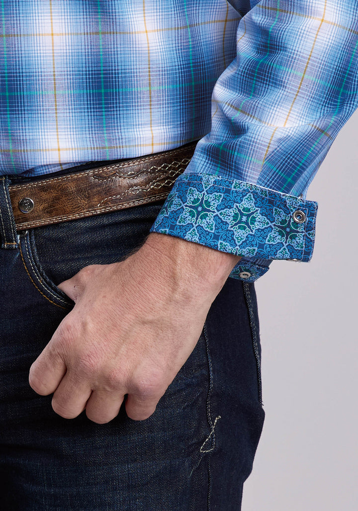 MENS ROPER BLUE OMBRE PLAID LONG SLEEVE SNAP SHIRT