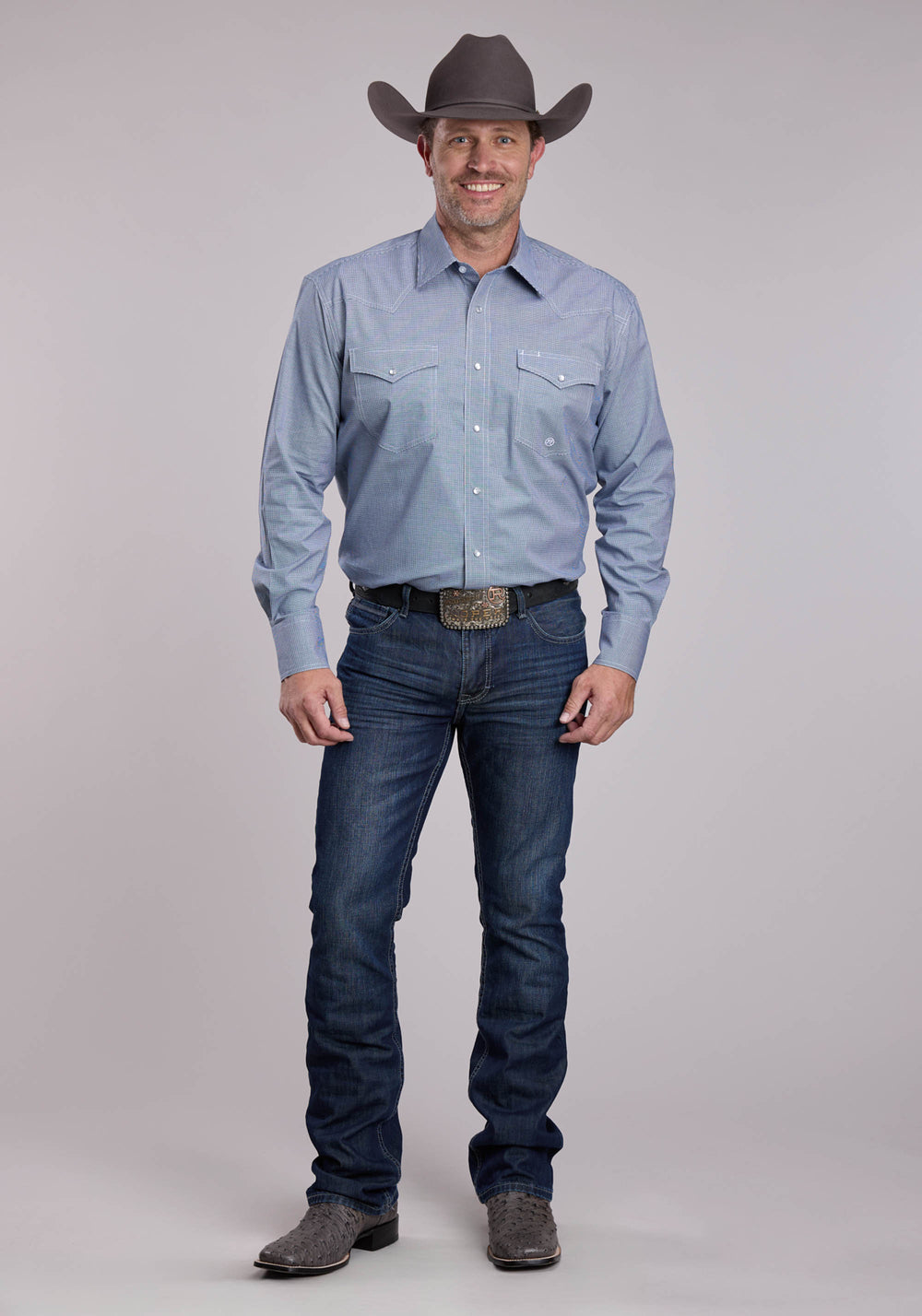 MENS ROPER NAVY STRETCH MINICHECK LONG SLEEVE SNAP SHIRT