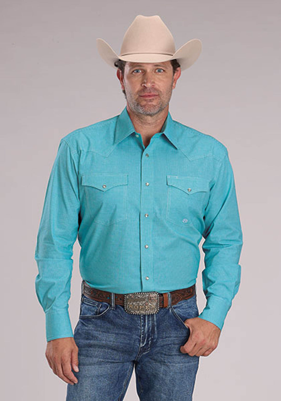 MENS STRETCH MINI CHECK - TURQUOISE LONG SLEEVE SNAP WESTERN SHIRT