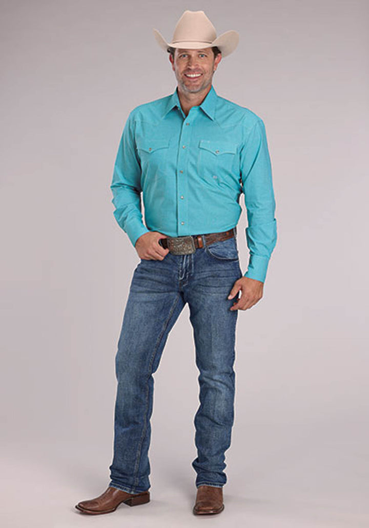 MENS STRETCH MINI CHECK - TURQUOISE LONG SLEEVE SNAP WESTERN SHIRT