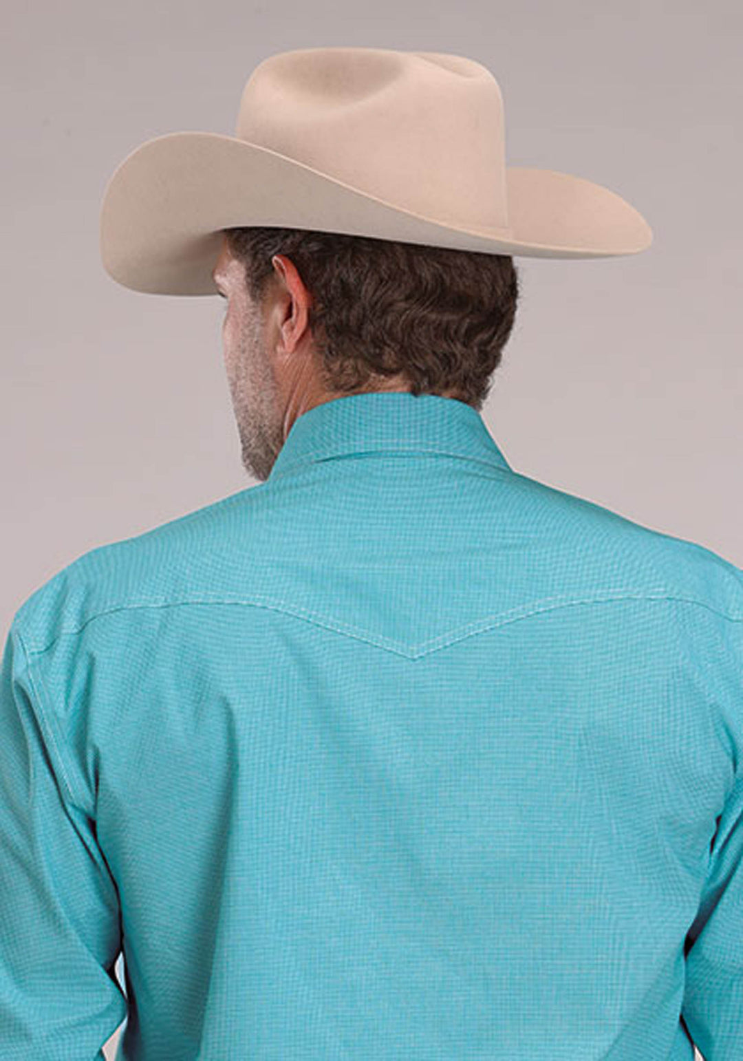 MENS STRETCH MINI CHECK - TURQUOISE LONG SLEEVE SNAP WESTERN SHIRT