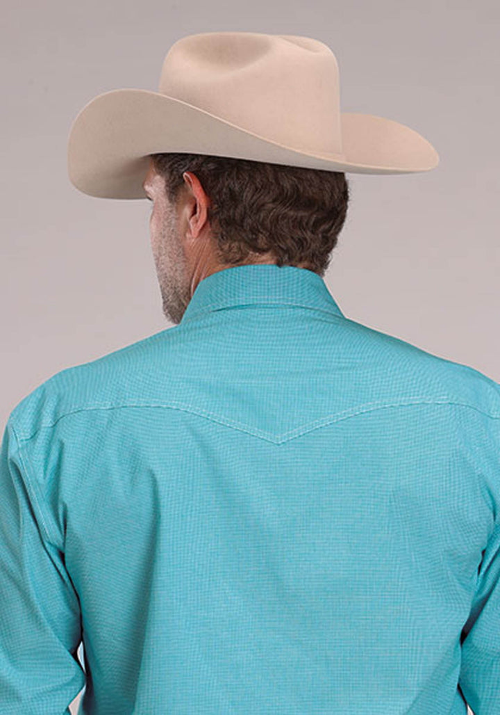 MENS STRETCH MINI CHECK - TURQUOISE LONG SLEEVE SNAP WESTERN SHIRT