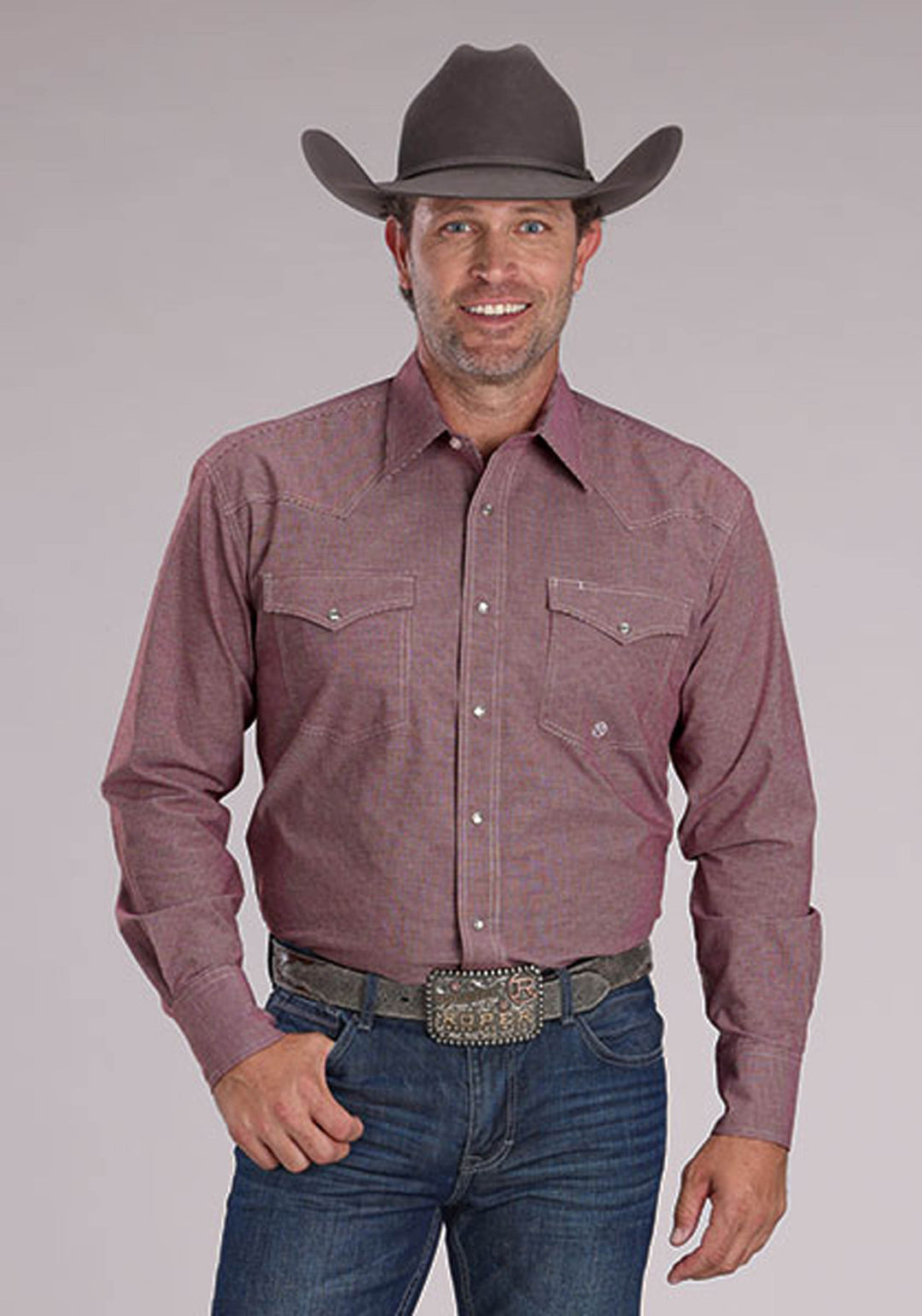 MENS STRETCH MINI CHECK - WINE LONG SLEEVE SNAP WESTERN SHIRT