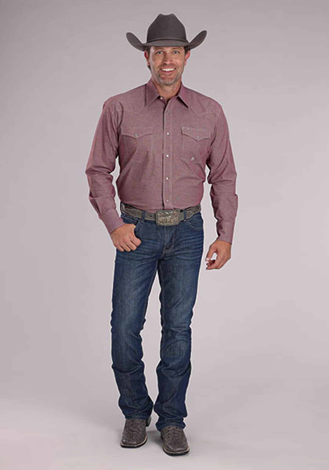 MENS STRETCH MINI CHECK - WINE LONG SLEEVE SNAP WESTERN SHIRT