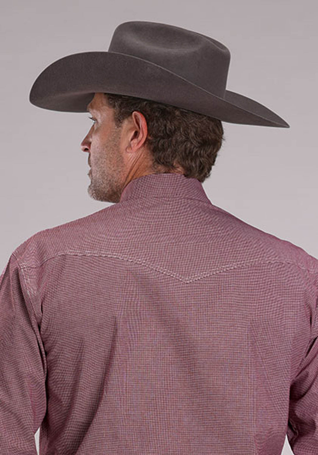 MENS STRETCH MINI CHECK - WINE LONG SLEEVE SNAP WESTERN SHIRT