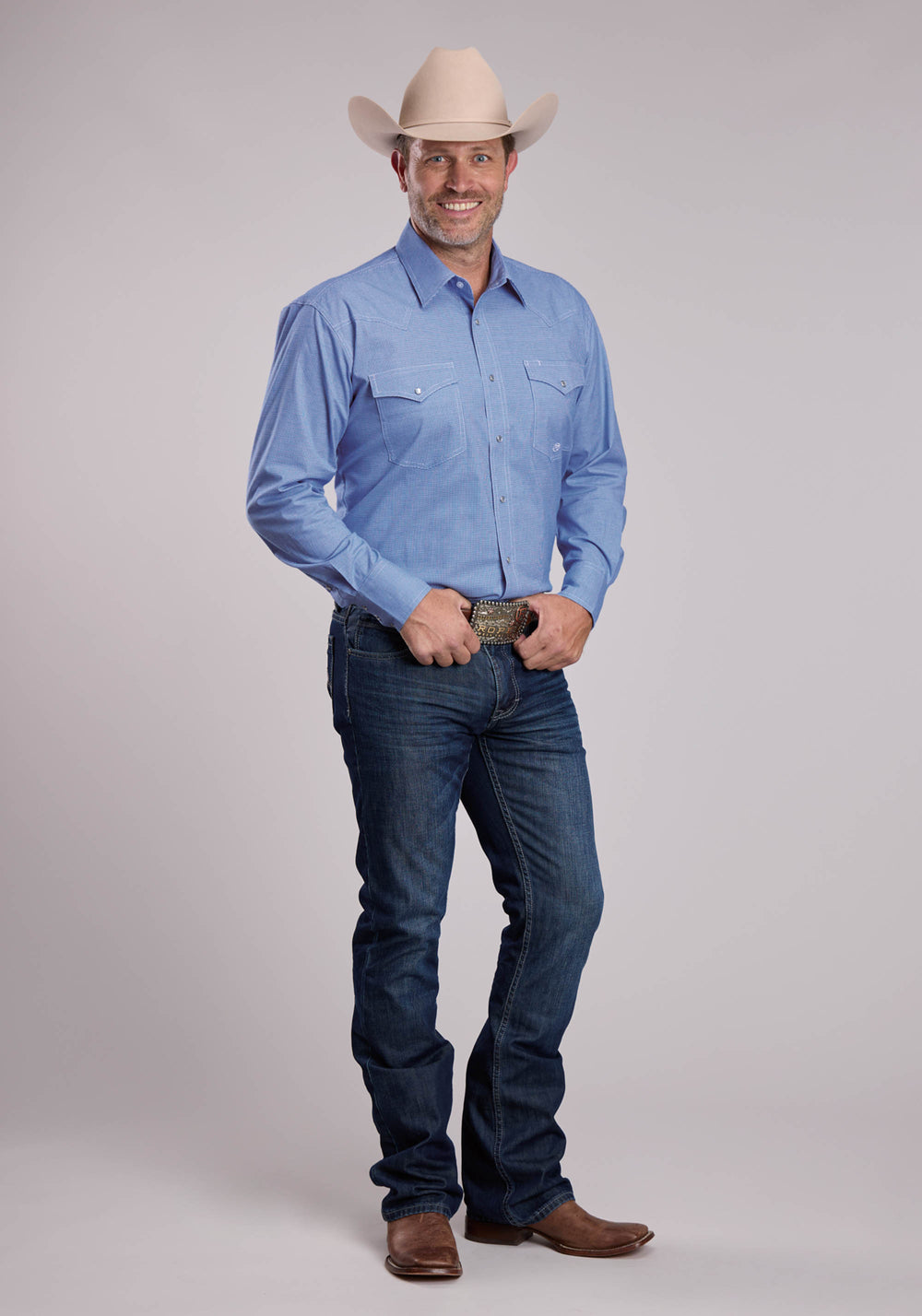 MENS ROPER BLUE STRETCH MINI CHECK LONG SLEEVE SNAP SHIRT