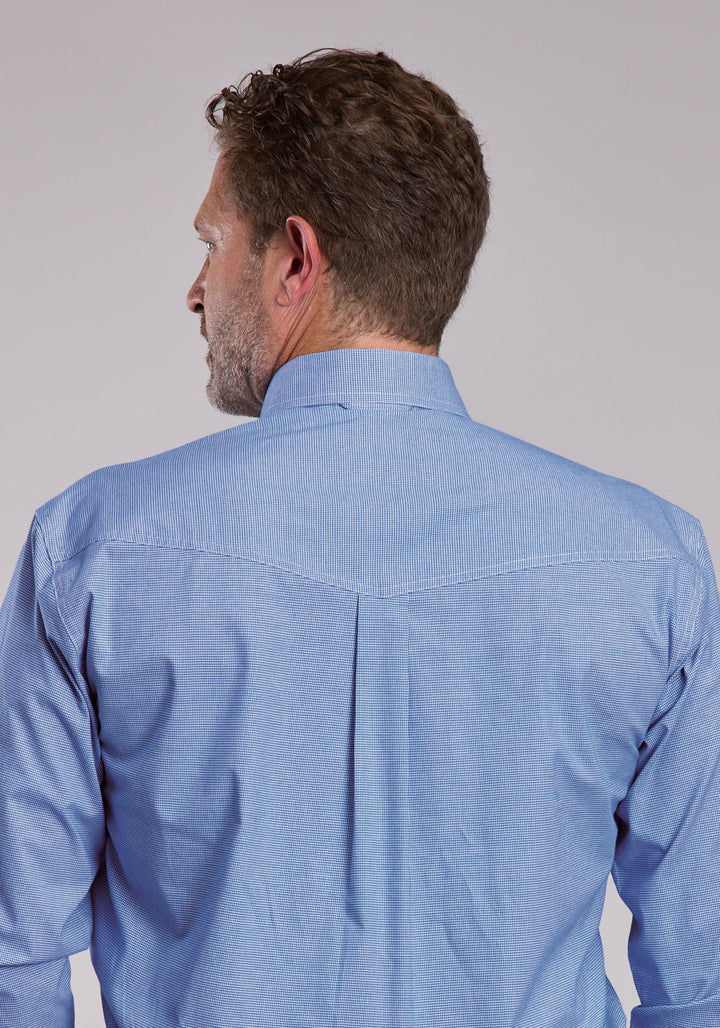 MENS ROPER BLUE STRETCH MINI CHECK LONG SLEEVE SNAP SHIRT