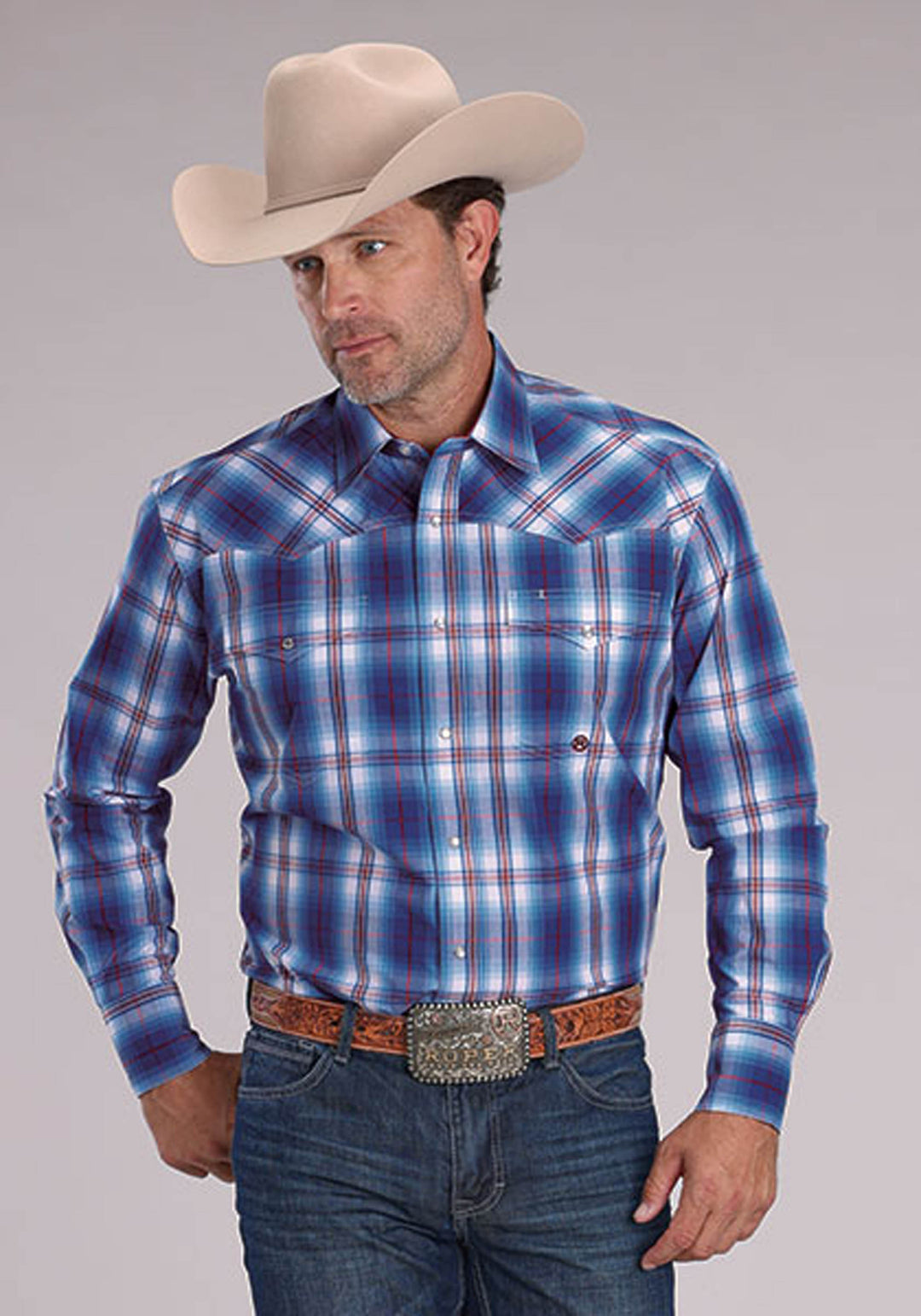 MENS PICNIC PLAID LONG SLEEVE SNAP WESTERN SHIRT