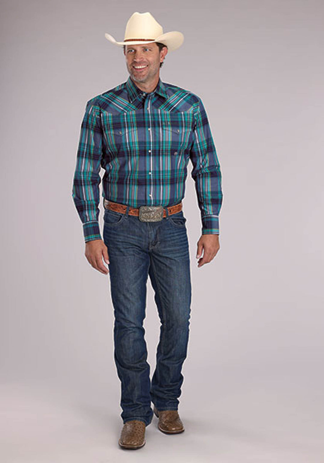 MENS MEADOW PLAID LONG SLEEVE SNAP WESTERN SHIRT