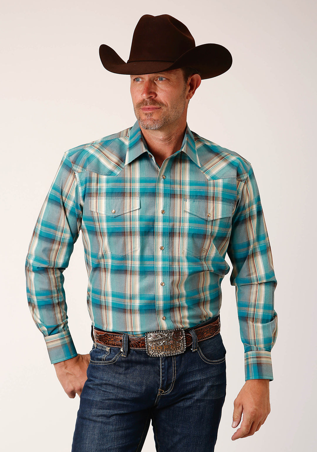MENS LONG SLEEVE SNAP SANDY TURQUOISE PLAID WESTERN SHIRT