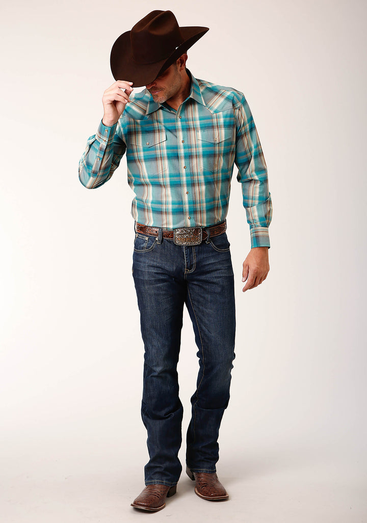 MENS LONG SLEEVE SNAP SANDY TURQUOISE PLAID WESTERN SHIRT
