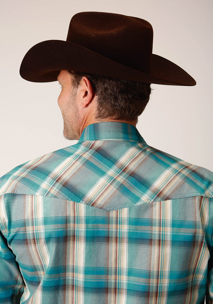 MENS LONG SLEEVE SNAP SANDY TURQUOISE PLAID WESTERN SHIRT