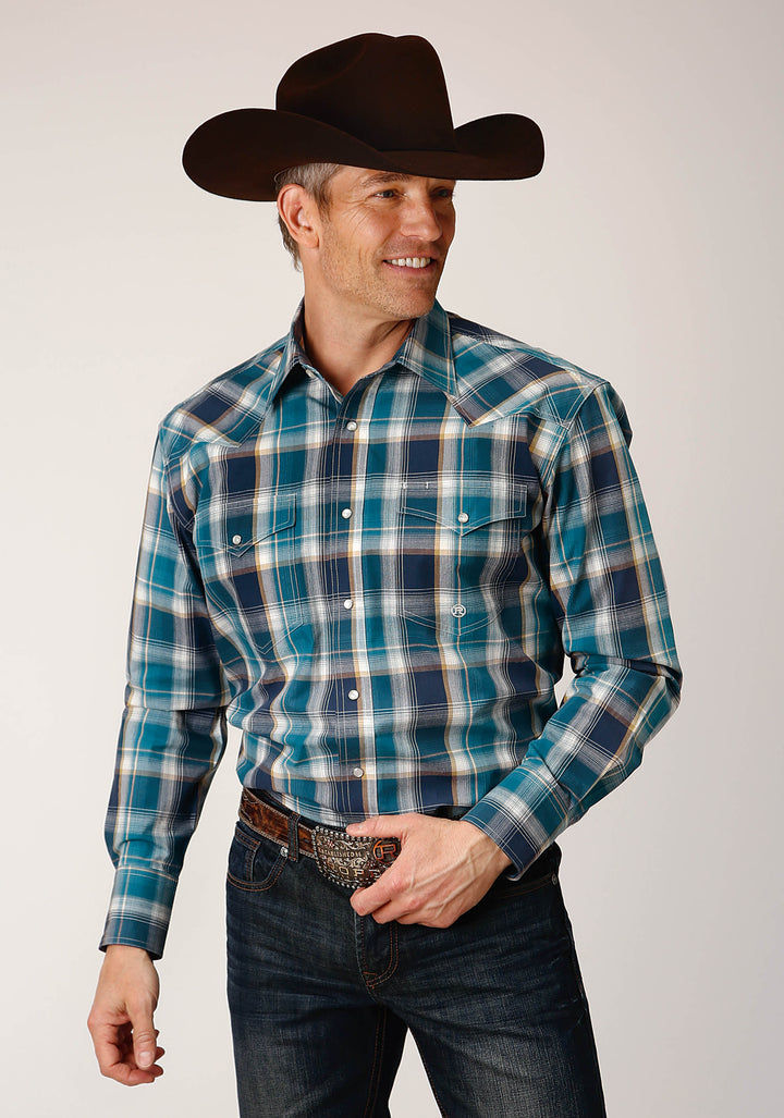 MENS LONG SLEEVE SNAP BLUEBERRY PLAID WESTERN SHIRT