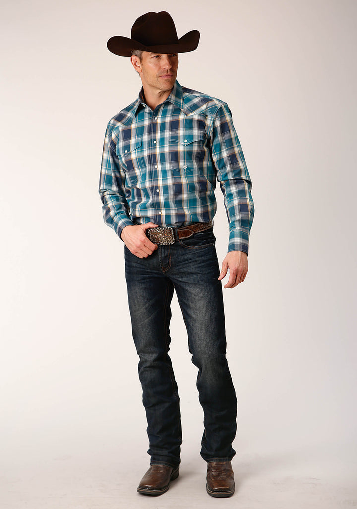MENS LONG SLEEVE SNAP BLUEBERRY PLAID WESTERN SHIRT