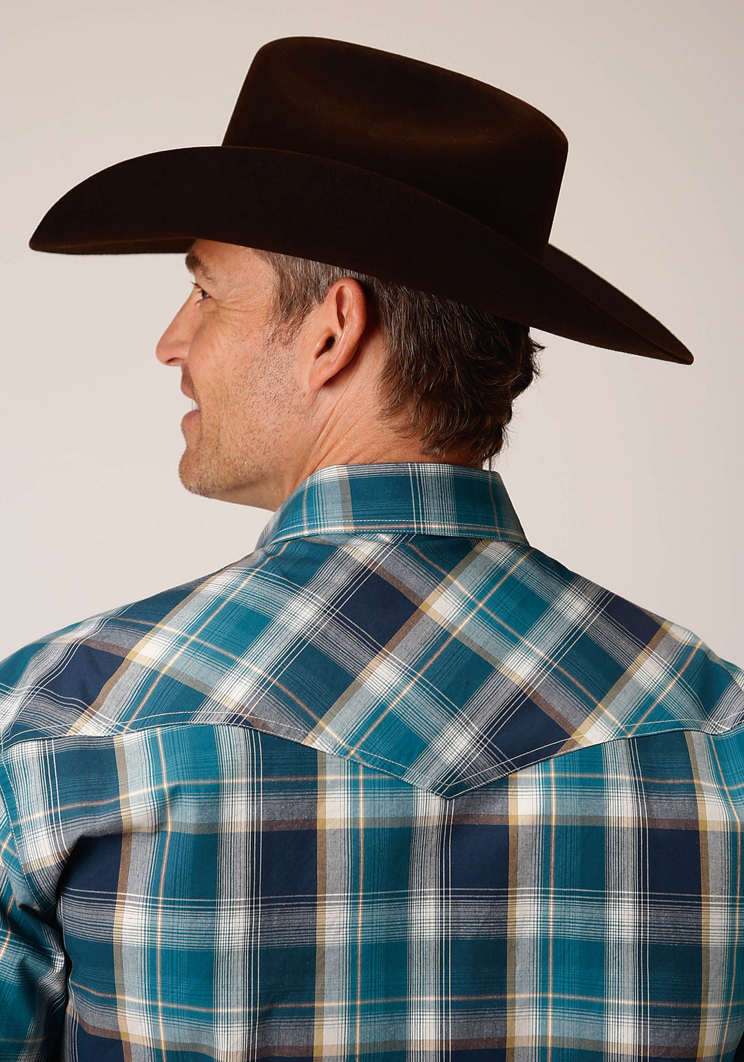 MENS LONG SLEEVE SNAP BLUEBERRY PLAID WESTERN SHIRT